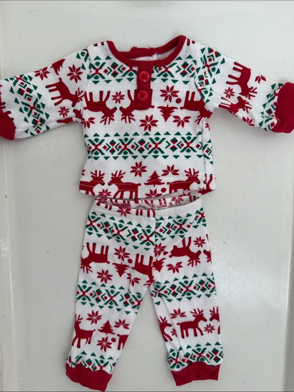 Dollie & Me Fair Isle Red, Green & White Reindeer 18” Doll Pajama Set